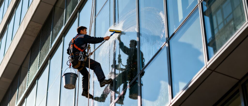 professional cleaner cleaning office glasse from outside