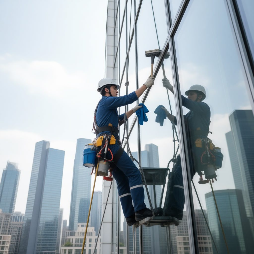 professional cleaner cleaning office glasse from outside